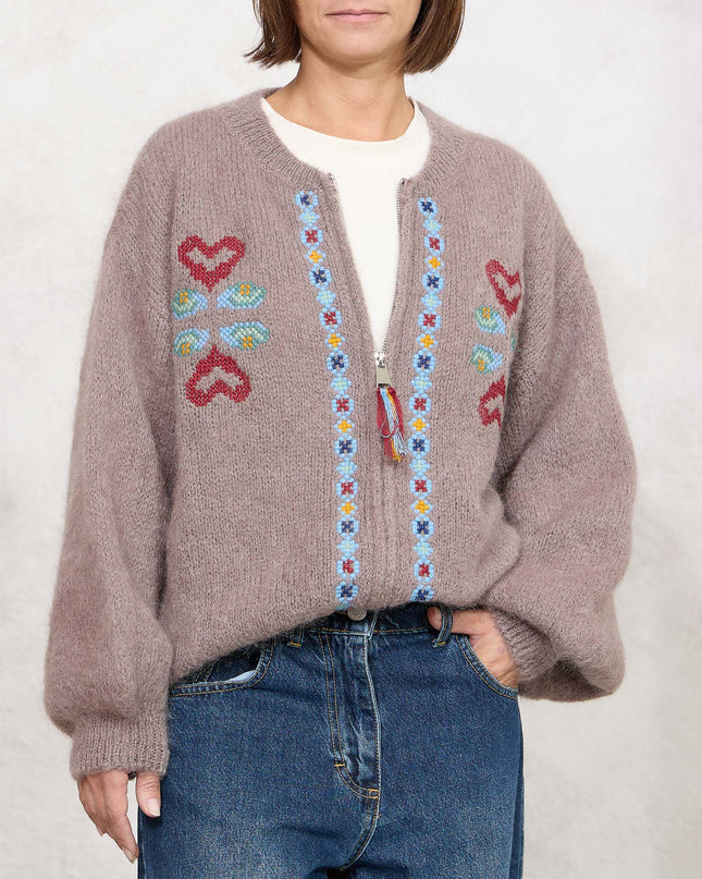 Cardigan zip con ricami taupe - Frontstreet