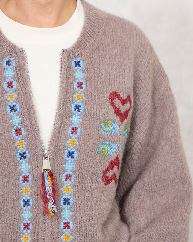 Cardigan zip con ricami taupe - Frontstreet