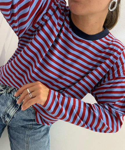 T-shirt righe basic azzurro/bordeaux - Haveone