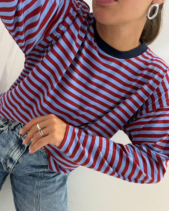 T-shirt righe basic azzurro/bordeaux - Haveone