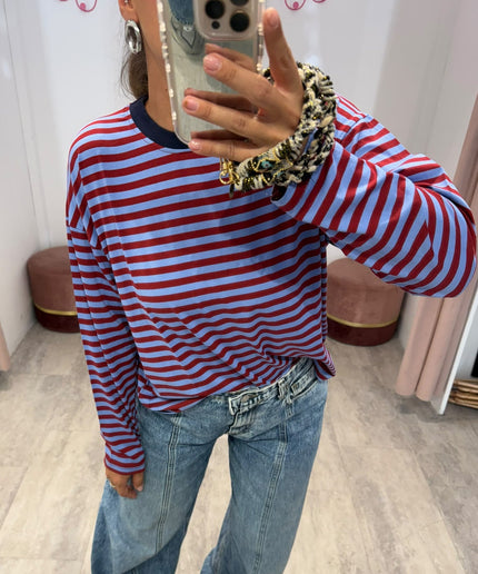 T-shirt righe basic azzurro/bordeaux - Haveone
