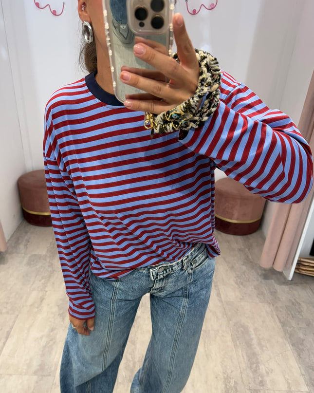T-shirt righe basic azzurro/bordeaux - Haveone
