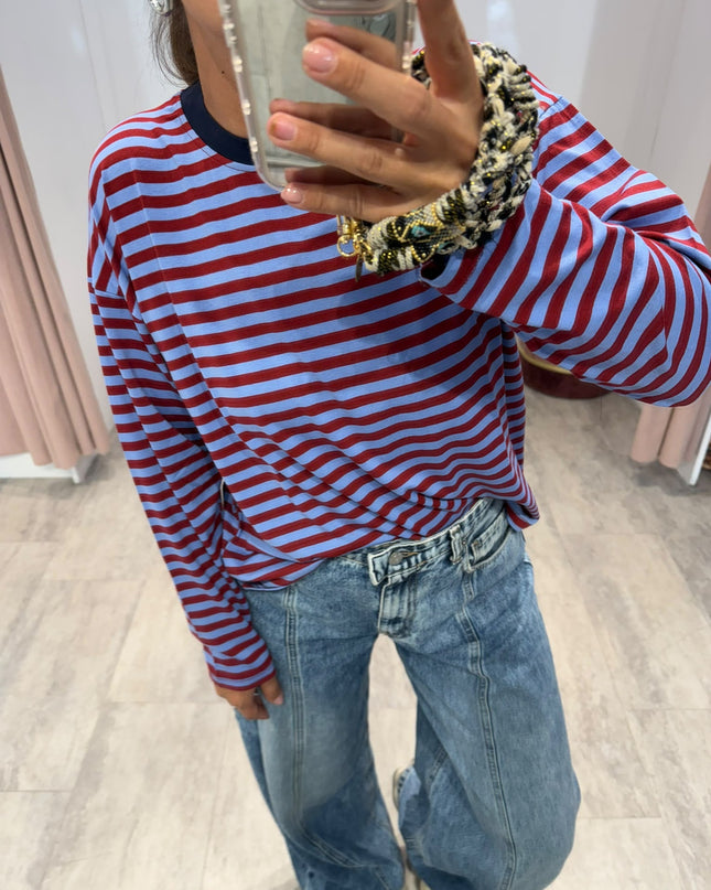 T-shirt righe basic azzurro/bordeaux - Haveone