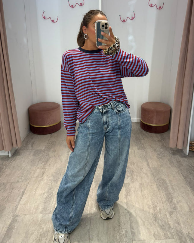 T-shirt righe basic azzurro/bordeaux - Haveone