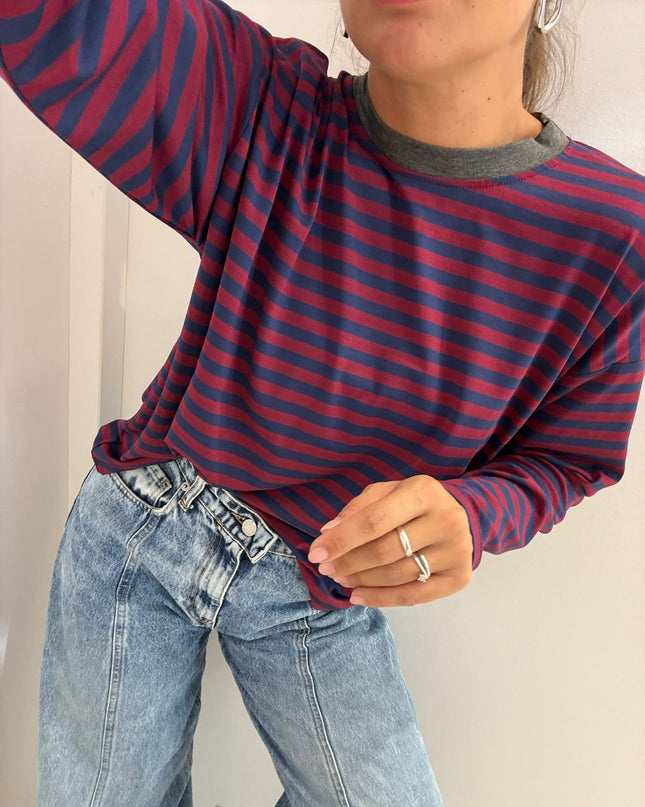 T-shirt righe basic blu/bordeaux - Haveone