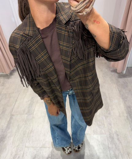 Giacca check marrone con frange - Haveone