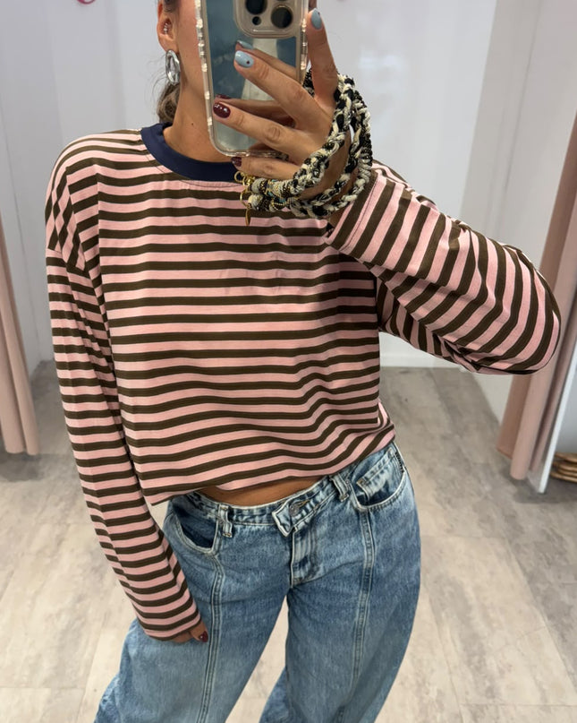 T-shirt righe basic moro/rosa - Haveone