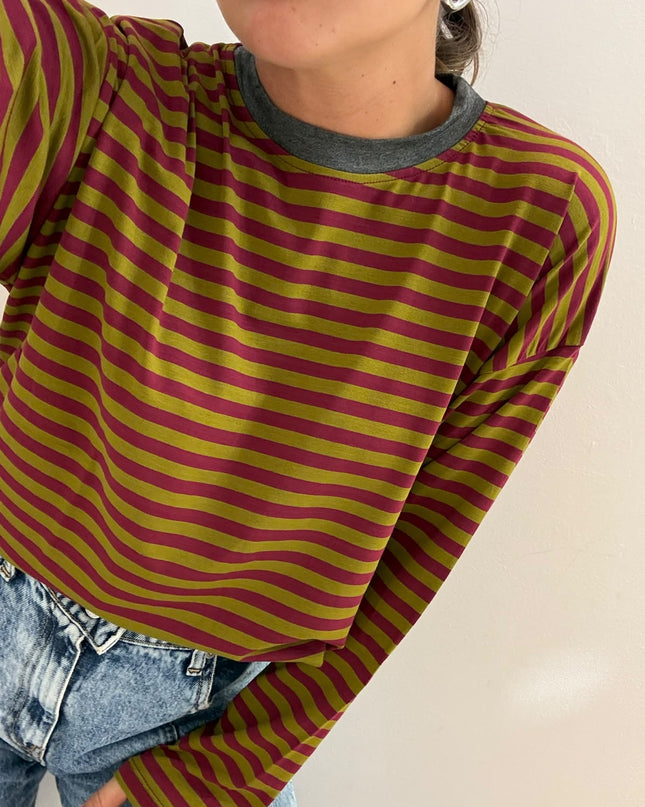 T-shirt righe basic verde/vino - Haveone