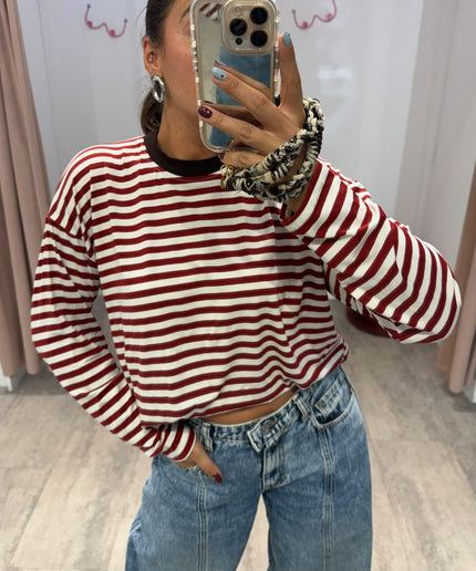 T-shirt righe basic panna/bordeaux - Haveone