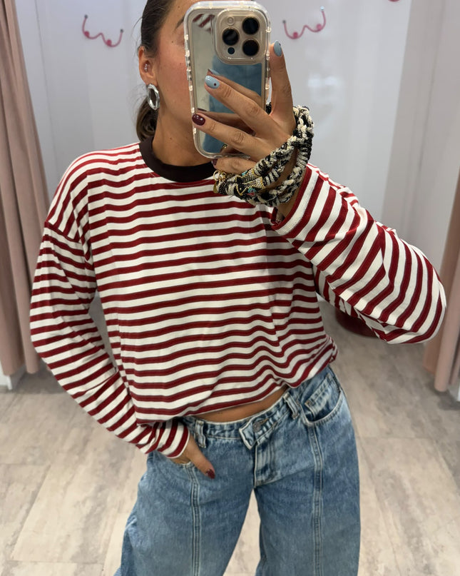 T-shirt righe basic panna/bordeaux - Haveone