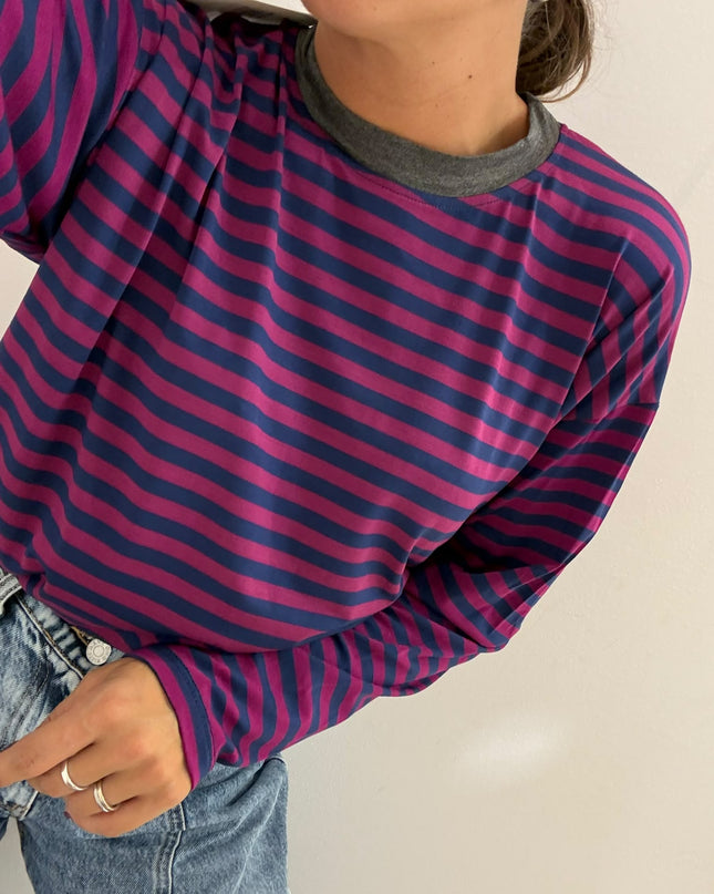 T-shirt righe basic blu/orchidea  - Haveone