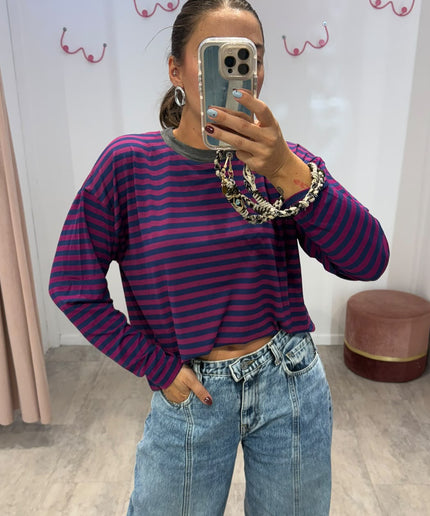T-shirt righe basic blu/orchidea  - Haveone