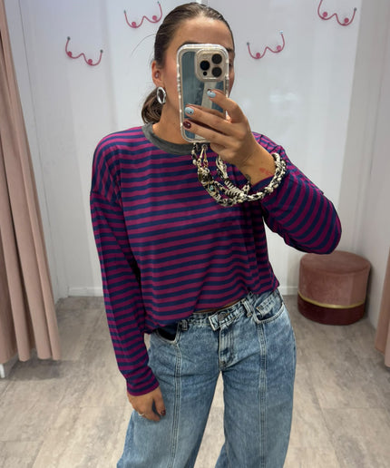 T-shirt righe basic blu/orchidea  - Haveone