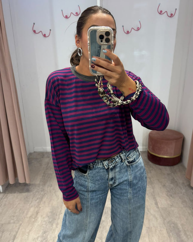 T-shirt righe basic blu/orchidea  - Haveone