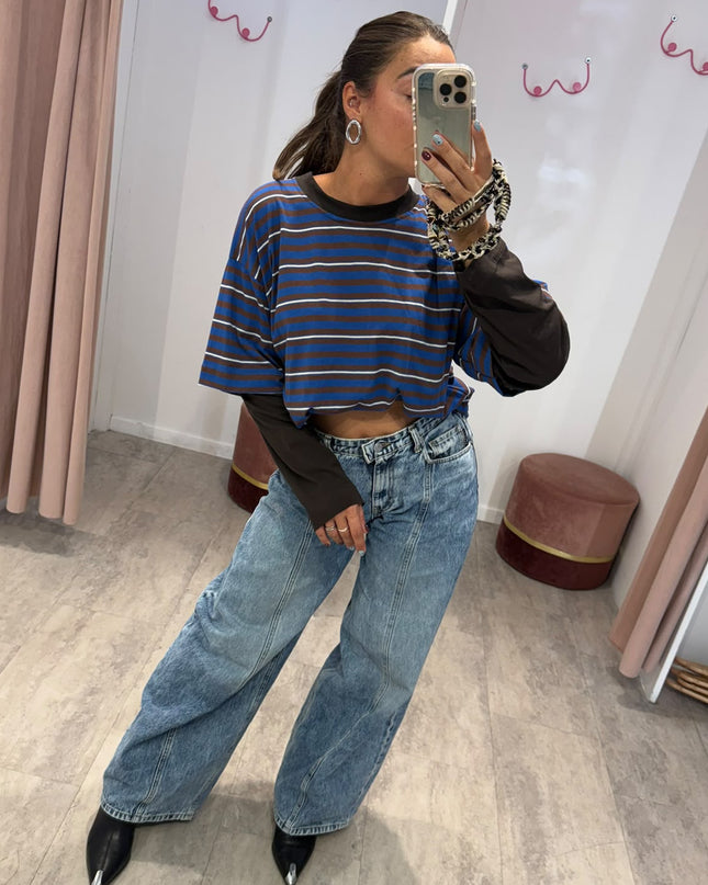 T-shirt righe double turchese/nocciola  - Haveone