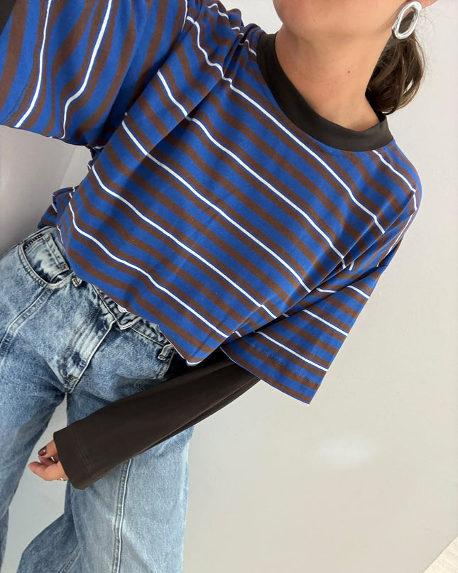 T-shirt righe double turchese/nocciola  - Haveone