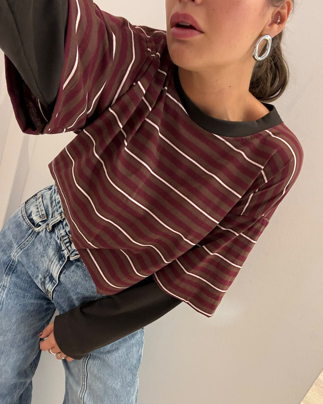 T-shirt righe double marrove/vino  - Haveone